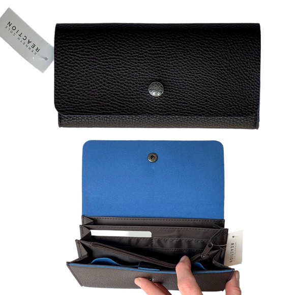 NEW Kenneth Cole Reaction black faux leather bi-fold wallet w/blue interior - Picture 3 of 8